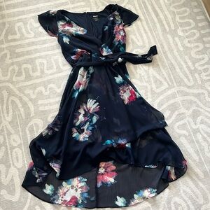 DKNY faux wrap style dress. Size 8. Navy blue floral. Excellent used condition